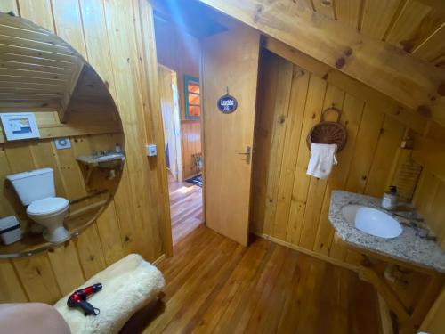 a bathroom with a sink and a toilet in a cabin at Chalés Sol da Serra in Rio Rufino