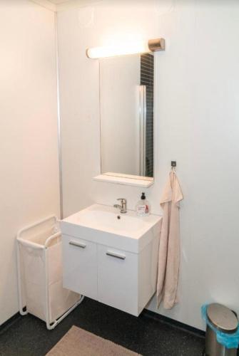 a bathroom with a white sink and a mirror at Signegarden in Skjåk