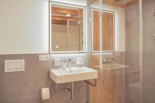 a bathroom with a sink and a shower at Ferienwohnung Wellnessblick - Nähe Triberger Wasserfälle in Triberg