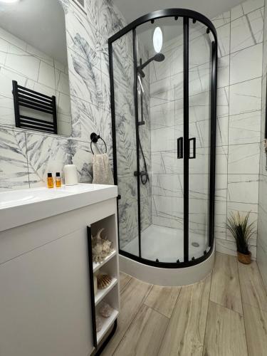 a bathroom with a shower with a glass door at Seaside Apartment in Gdańsk