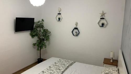 una camera da letto con un letto e luci sul muro di Cataleya Blue a Mamaia Nord - Năvodari