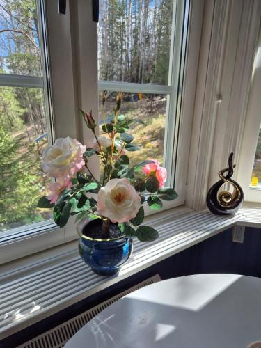 a vase with flowers sitting on a window sill at Ferienhaus mit viel Charme in Lunde