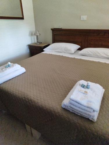 two beds in a hotel room with towels on the bed at La Perla del Salto in Fiumata