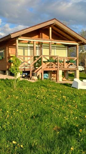 a wooden house with a green lawn in front of it at Tiny House Casuta Schiorului 2, Mărișel Apuseni in Mărişel