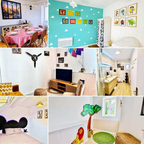 un collage de photos d'une maison dans l'établissement Maison WonderLodge - Déco Disney - Jeux pour tous - Proche Disney et Paris, à Bussy-Saint-Georges