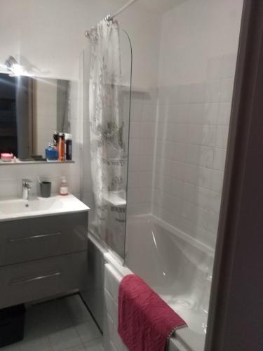 une salle de bain avec une baignoire, un lavabo et une douche dans l'établissement Appartement en residence, aux Angles
