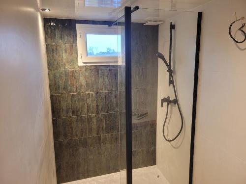 eine Dusche mit Glastür im Badezimmer in der Unterkunft Maison troglodyte in Saint-Martin-de-la-Place