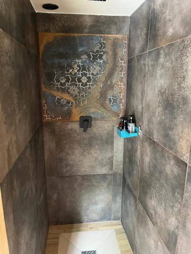 a bathroom with a shower with a painting on the wall at Wąkop 6 Agroturystyka Eco in Nowa Słupia