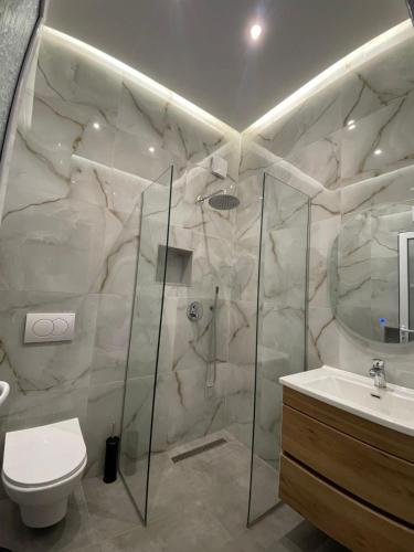 a bathroom with a shower and a toilet and a sink at Secret Villa in Vlorë