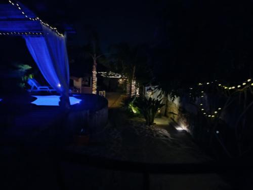 a night view of a house with blue curtains and lights at Casa Liberdade in Faro