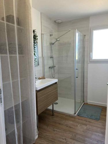 a bathroom with a shower and a sink and a glass shower at Maison au calme in Douzillac