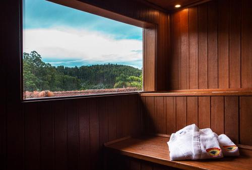 a room with a window with a view of a mountain at Pousada das Videiras boutique in Monte Verde