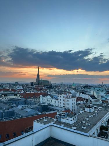a view of a city at sunset at Central View Vienna 92 sq m 3 BD apartment in Vienna