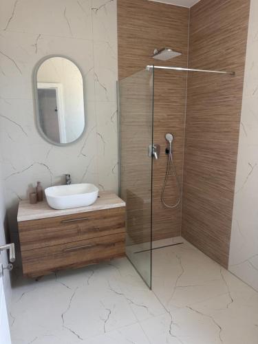 a bathroom with a shower with a sink and a mirror at Villa Gligora in Kolan