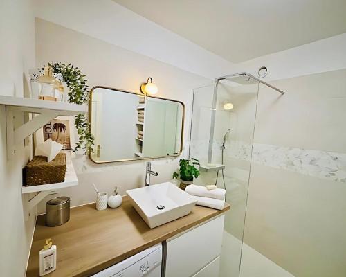 a bathroom with a sink and a mirror at L'écrin du 12- Studio élégant sur jardin avec parking in Paris
