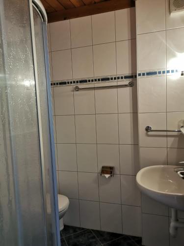 a bathroom with a shower and a toilet and a sink at Hotel Sonnblick in Kartitsch