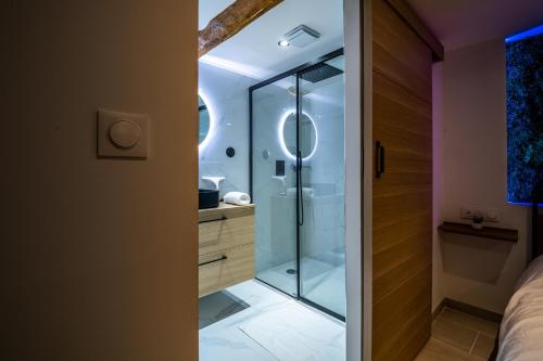 a bathroom with a shower and a glass door at Studio cosy I Centre historique in Cavaillon