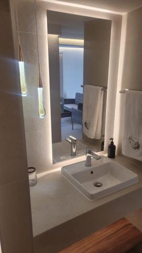 a bathroom with a sink and a mirror at Pod hrází & Sedmé nebe in Staré Splavy