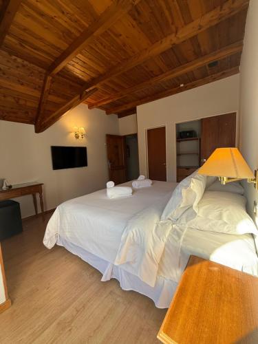 a bedroom with two white beds and a television at Hosteria Las Walkirias in San Martín de los Andes