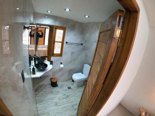 a bathroom with a shower with a toilet and a mirror at Andinas de Uco Lodge in La Consulta
