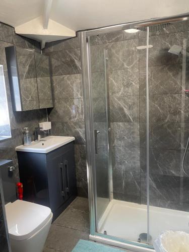 a bathroom with a shower and a toilet and a sink at Cleeve Road House in Birmingham