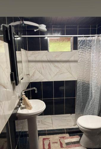 a bathroom with a shower and a toilet and a sink at El Pueblito Lodge in El Soberbio