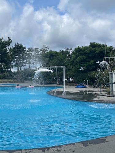 a swimming pool with a fountain in a park at Hallim Resort in Jeju
