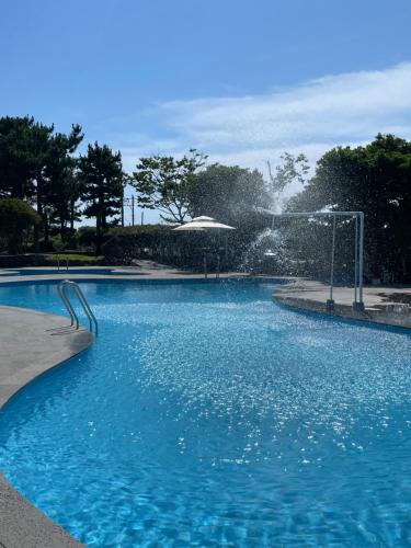 a large swimming pool with a water fountain at Hallim Resort in Jeju