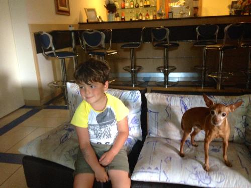 a young boy sitting on a couch with a dog at Hotel Jole in San Mauro a Mare
