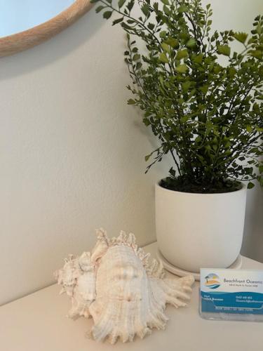 a plant in a white vase next to a plant at Beachfront Oceanic 5 in Forster