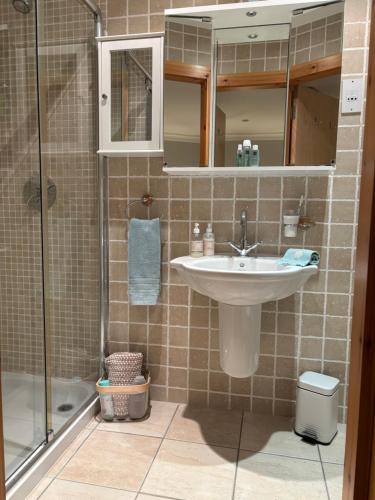 a bathroom with a sink and a shower at Prime Port Apartment in Portstewart