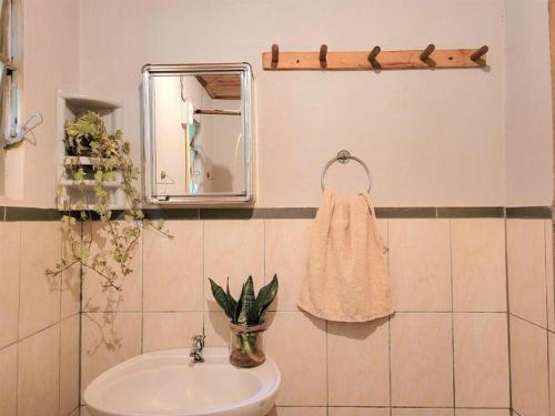 a bathroom with a sink and a mirror and a towel at Casa da Roça Ita in Itamonte