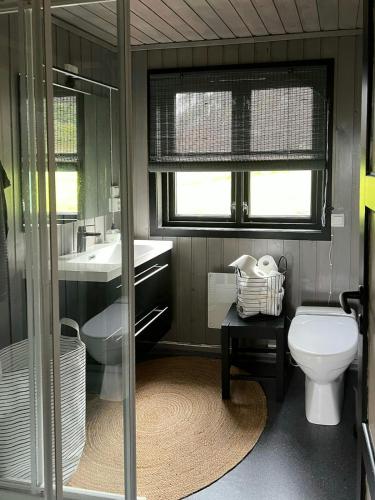 a bathroom with a toilet and a sink at Panoramic Cabin With Forest And Mountain Views in Sveio