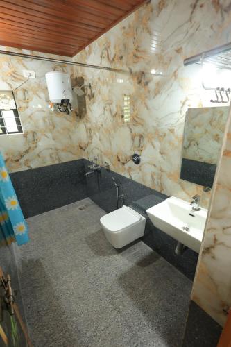 a bathroom with a white toilet and a sink at River Raga Nature Resort in Kārkāl