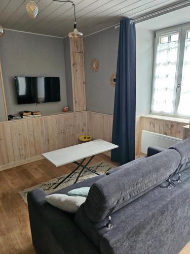un salon avec un canapé et une table dans l'établissement Studio proche centre-ville Dol-de-Bretagne, à Dol-de-Bretagne