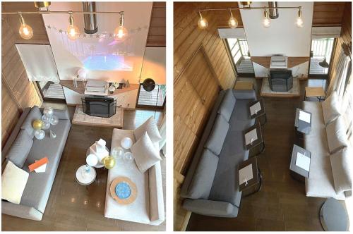 an overhead view of a living room with a couch at Lake England 富士山が見える隠れ家ロッジ in Fujikawaguchiko