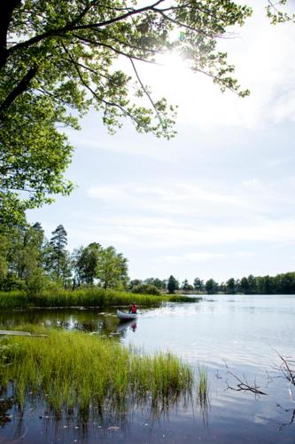 a boat on a lake with grass and trees at Ekebacken Hotell & Konferens in Markaryd