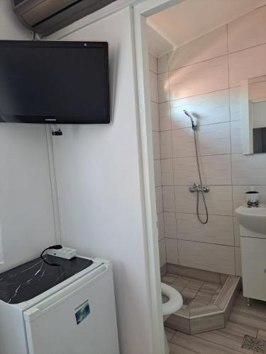 a bathroom with a shower and a television on the wall at Vila Emy Constanta in Constanţa