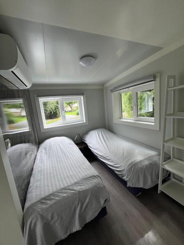 two beds in a small room with two windows at Zwart Pareltje in Kiel