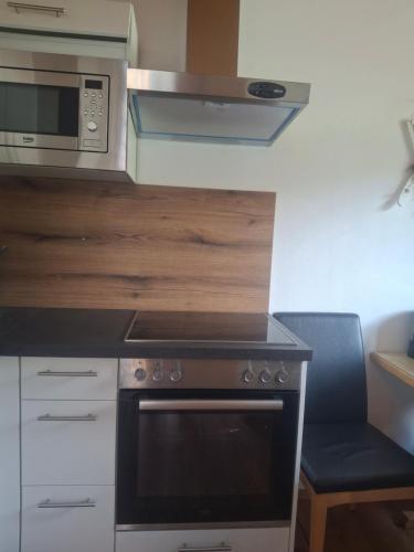 a kitchen with a stove and a microwave at Appartements Haus Bergland in Sankt Martin am Tennengebirge
