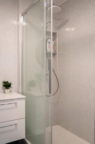 une douche avec une porte vitrée dans une salle de bain dans l'établissement Chaleureux T3 aux pieds du Stade de France, à Saint-Denis
