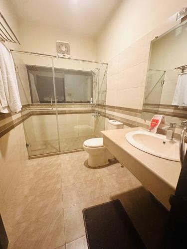 a bathroom with a shower and a toilet and a sink at Pasha Nova in Murree