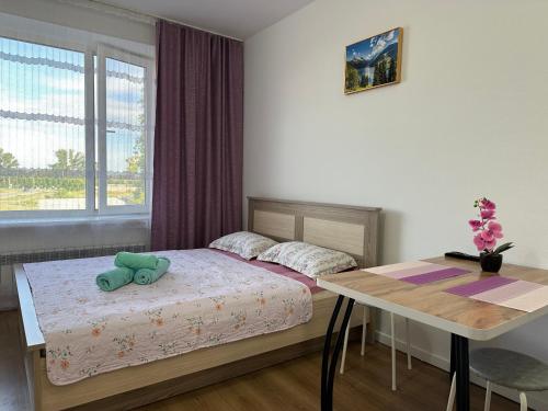 ein kleines Schlafzimmer mit einem Bett und einem Tisch in der Unterkunft Promenade Burabay 2 in Borovoye