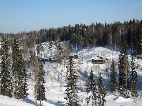 a ski lodge on a snow covered hill with trees at Serena Villas in Espoo