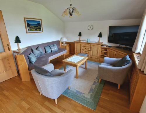 a living room with a couch and chairs and a tv at Aberseehaus Nussbaumer in Strobl
