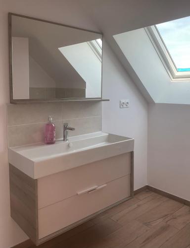 a bathroom with a sink and a mirror at Chambres d'hôtes au cœur de la Mayenne in Saint-Mars-du-Désert