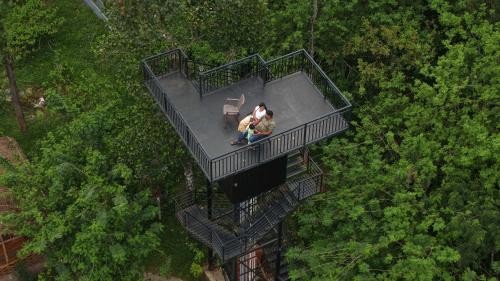 an overhead view of a man standing in a tree house at SylVan Resort in Wayanad