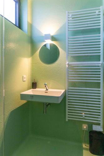 a bathroom with a sink and a mirror at Cyberdeck for big groups in Ghent
