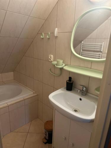a bathroom with a sink and a mirror and a tub at Gospodarstwo Agroturystyczne MALWA in Tuliszków
