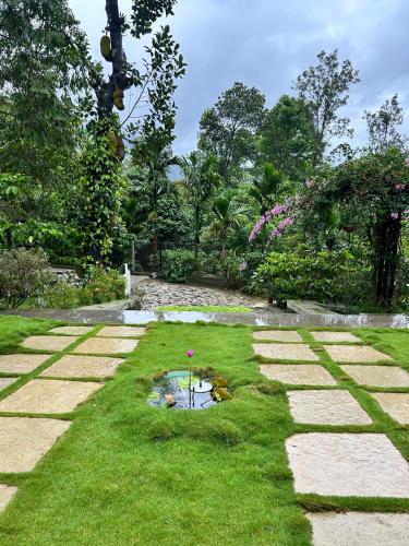 a garden with a small pond in the grass at SylVan Resort in Wayanad